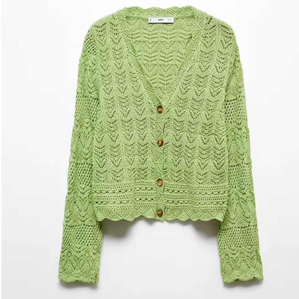 Mango MNG Open Work Knit Scalloped V neck Cardigan Long Sleeve Green Womens S